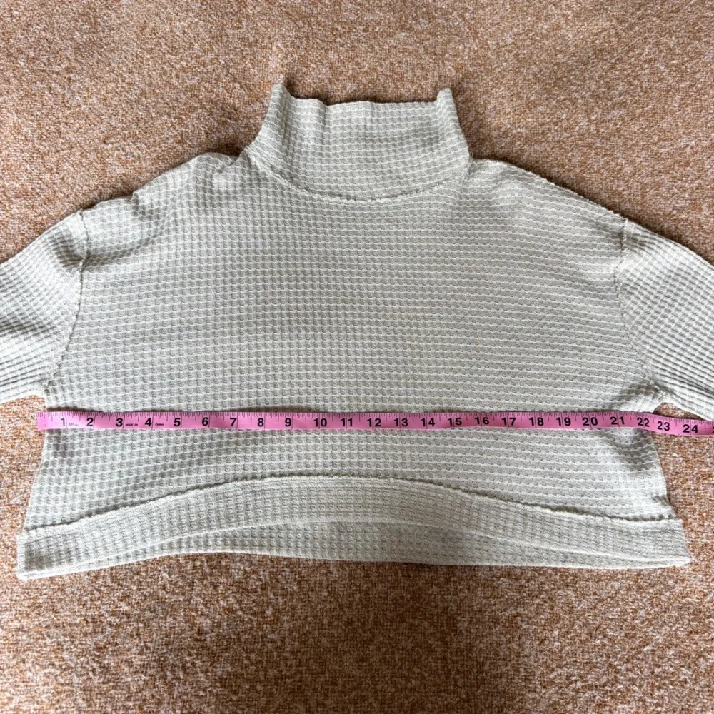 Free People Waffle Knit Cropped Mock Neck Thermal Top Beige Small Sweater Boho